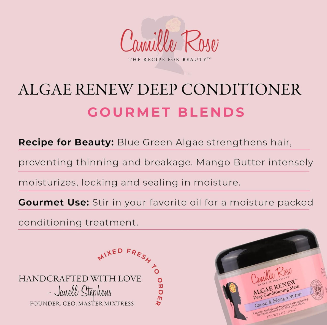 Camille Rose Algae Renew Deep Conditioning Hair Mask with Peppermint, Blue Green Algae & Mango Butter, to Strengthen and Moisturize, for All Hair Types, 8 oz