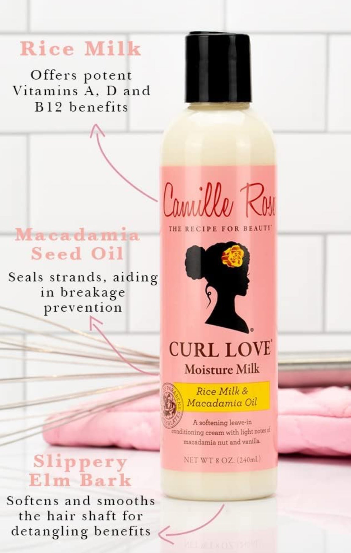 Camille Rose Curl Love Moisture Milk, Leave-In Conditioning Cream for Curls and Coils, Nourish and Strengthen, Macadamia Nut & Vanilla, 240 ml (Pack of 1)